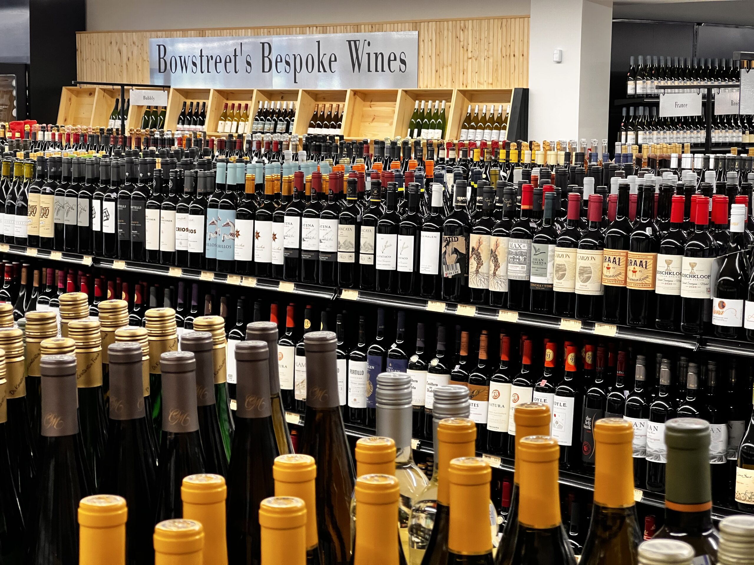 Wine bottles on display at Bow Street Beverage in Wells, Maine