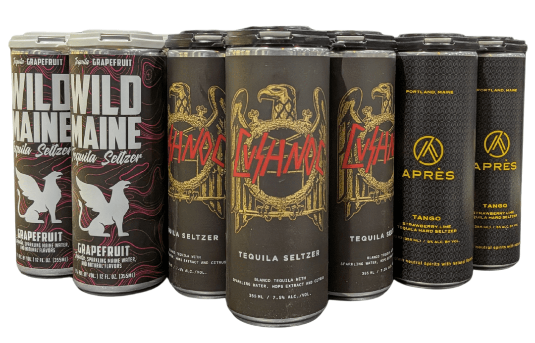 Canned tequila soda drinks on ice at Bow Street Beverage Maine